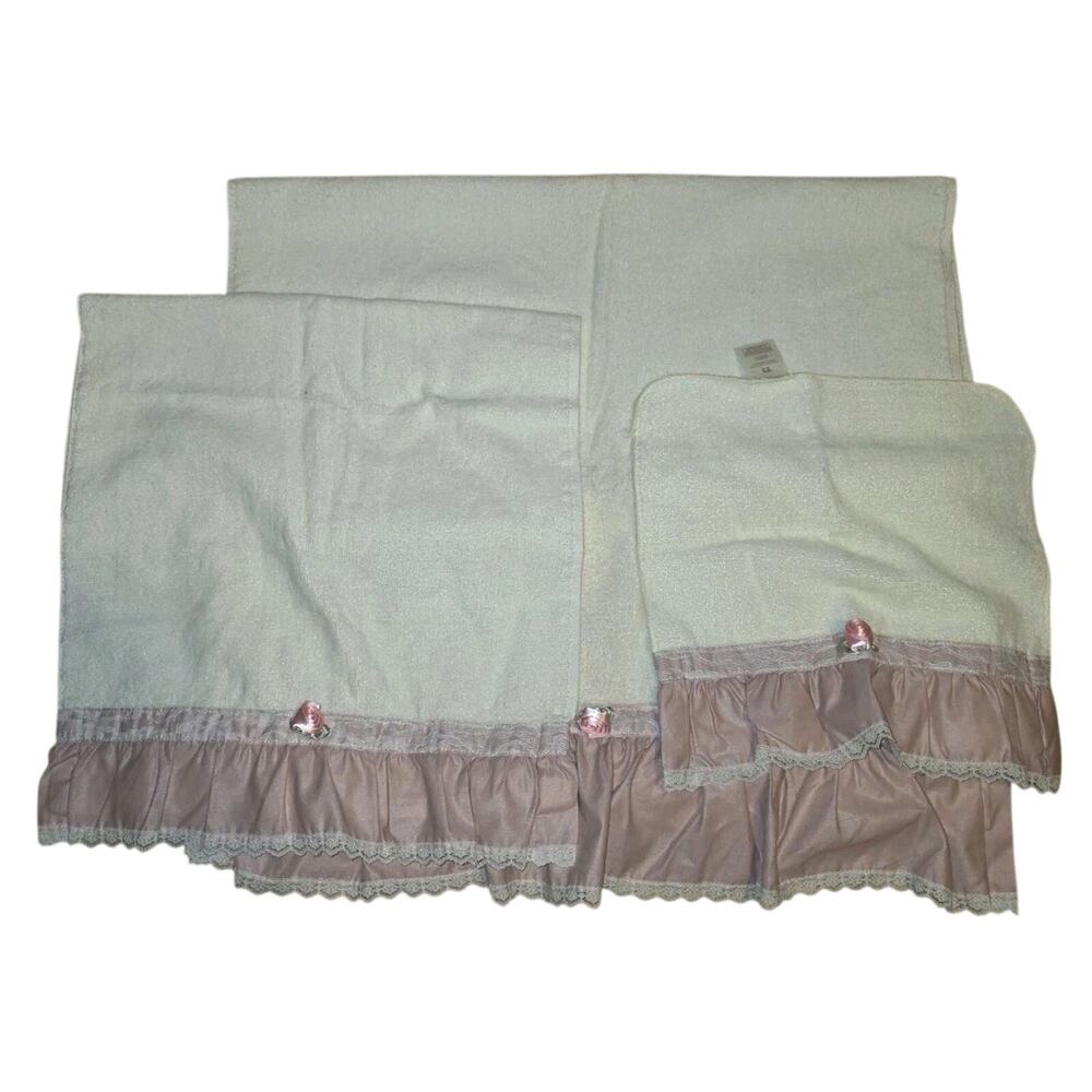 Vintage 80s Satin Lace Trim Ruffled Towel Set Pink Rosette JC Penny 3 Piece Set